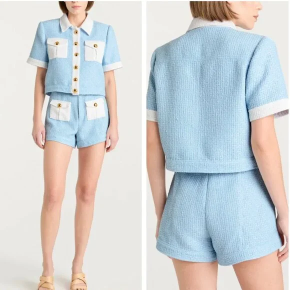 NWT Cinq a Sept 5a7 Nissy Jacket & Short Set of 2 Sky Blue/White Cocktail Party - Picture 3 of 10